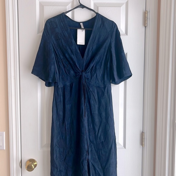 Mango Dresses Nwt Mango Suit Navy Blue Leaf Knotted Wrap Midi Dress